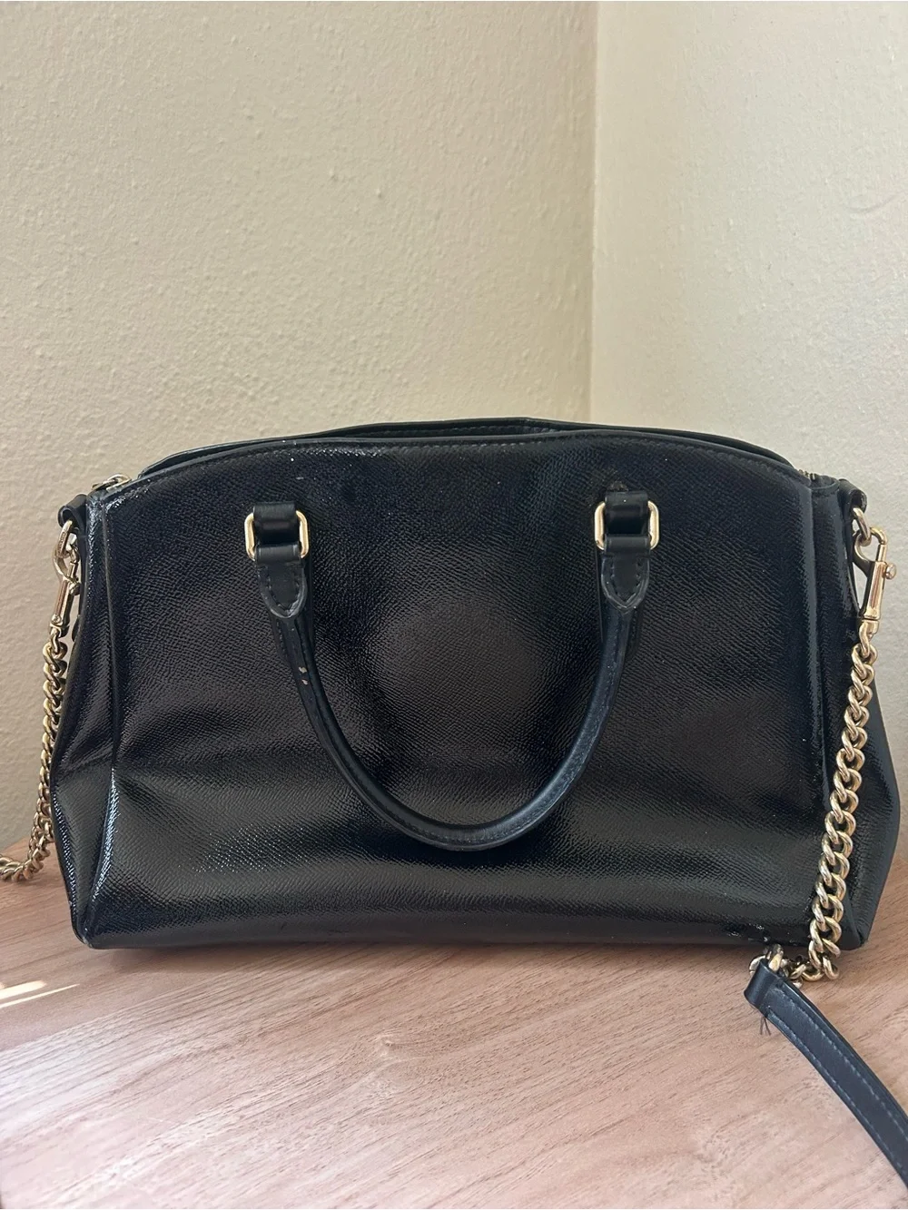 Coach Black Patent Leather Satchel with Gold Chain Strap
